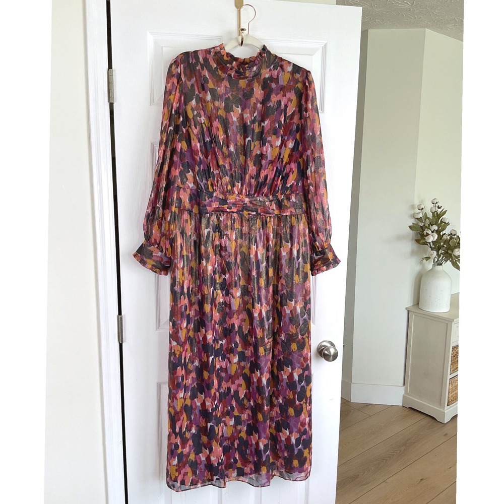 Donna Morgan Pink Purple Abstract Metallic Chiffon Midi Dress Womens 16W